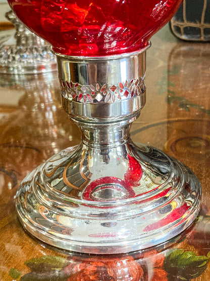 Pair Vintage Gorham Sterling Silver Red Swirl Glass Hurricane Shade Candlesticks