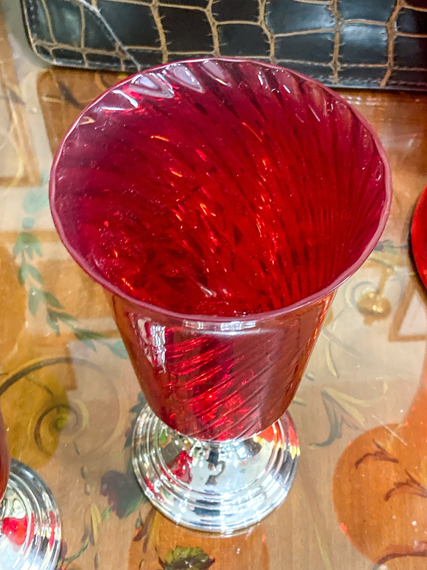 Pair Vintage Gorham Sterling Silver Red Swirl Glass Hurricane Shade Candlesticks