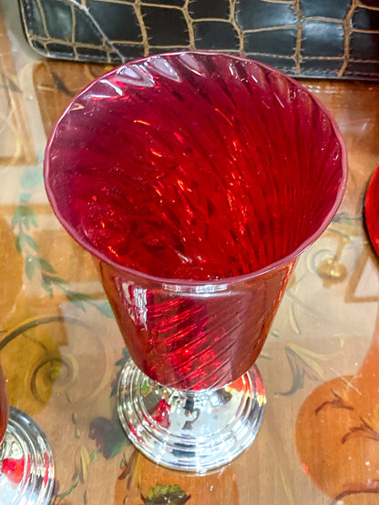 Pair Vintage Gorham Sterling Silver Red Swirl Glass Hurricane Shade Candlesticks