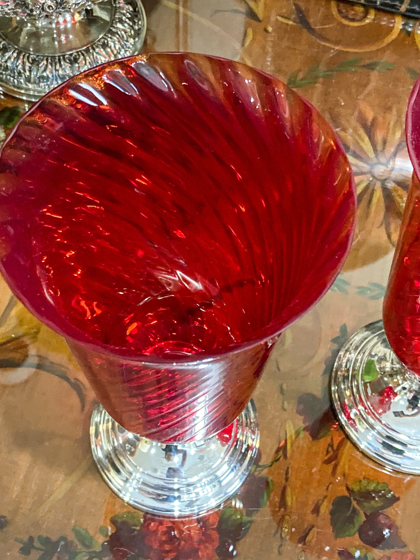 Pair Vintage Gorham Sterling Silver Red Swirl Glass Hurricane Shade Candlesticks