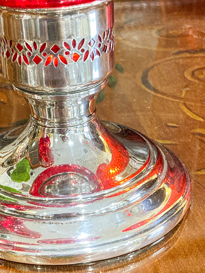 Pair Vintage Gorham Sterling Silver Red Swirl Glass Hurricane Shade Candlesticks