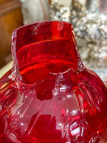 Pair Vintage Gorham Sterling Silver Red Swirl Glass Hurricane Shade Candlesticks