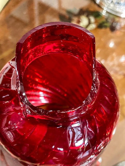 Pair Vintage Gorham Sterling Silver Red Swirl Glass Hurricane Shade Candlesticks