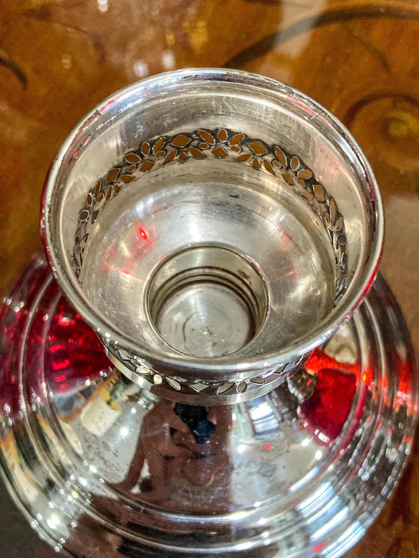 Pair Vintage Gorham Sterling Silver Red Swirl Glass Hurricane Shade Candlesticks