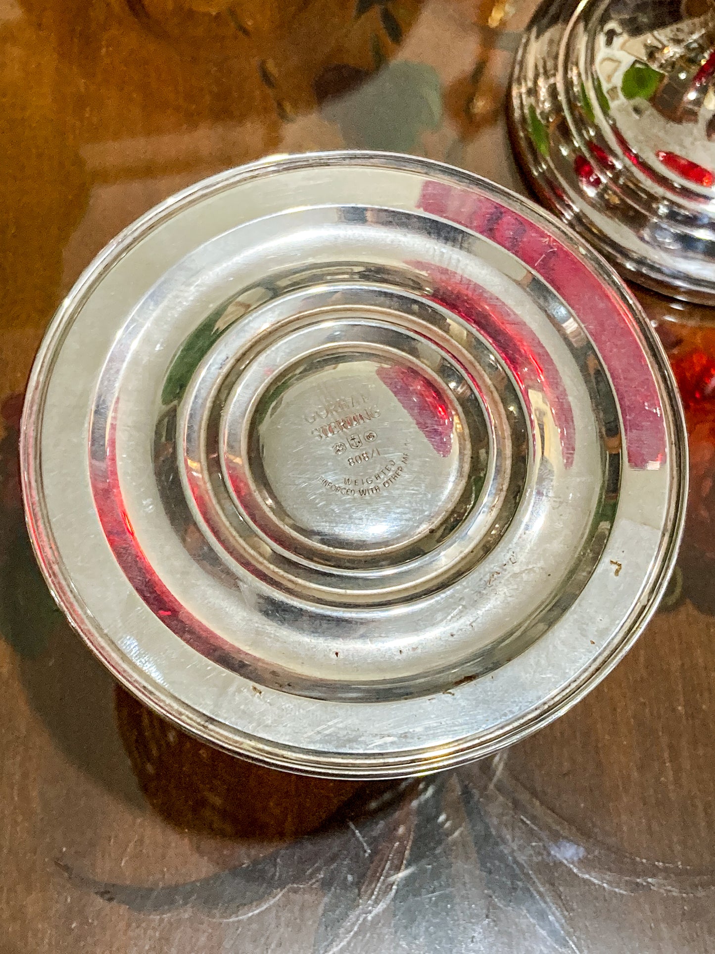 Pair Vintage Gorham Sterling Silver Red Swirl Glass Hurricane Shade Candlesticks
