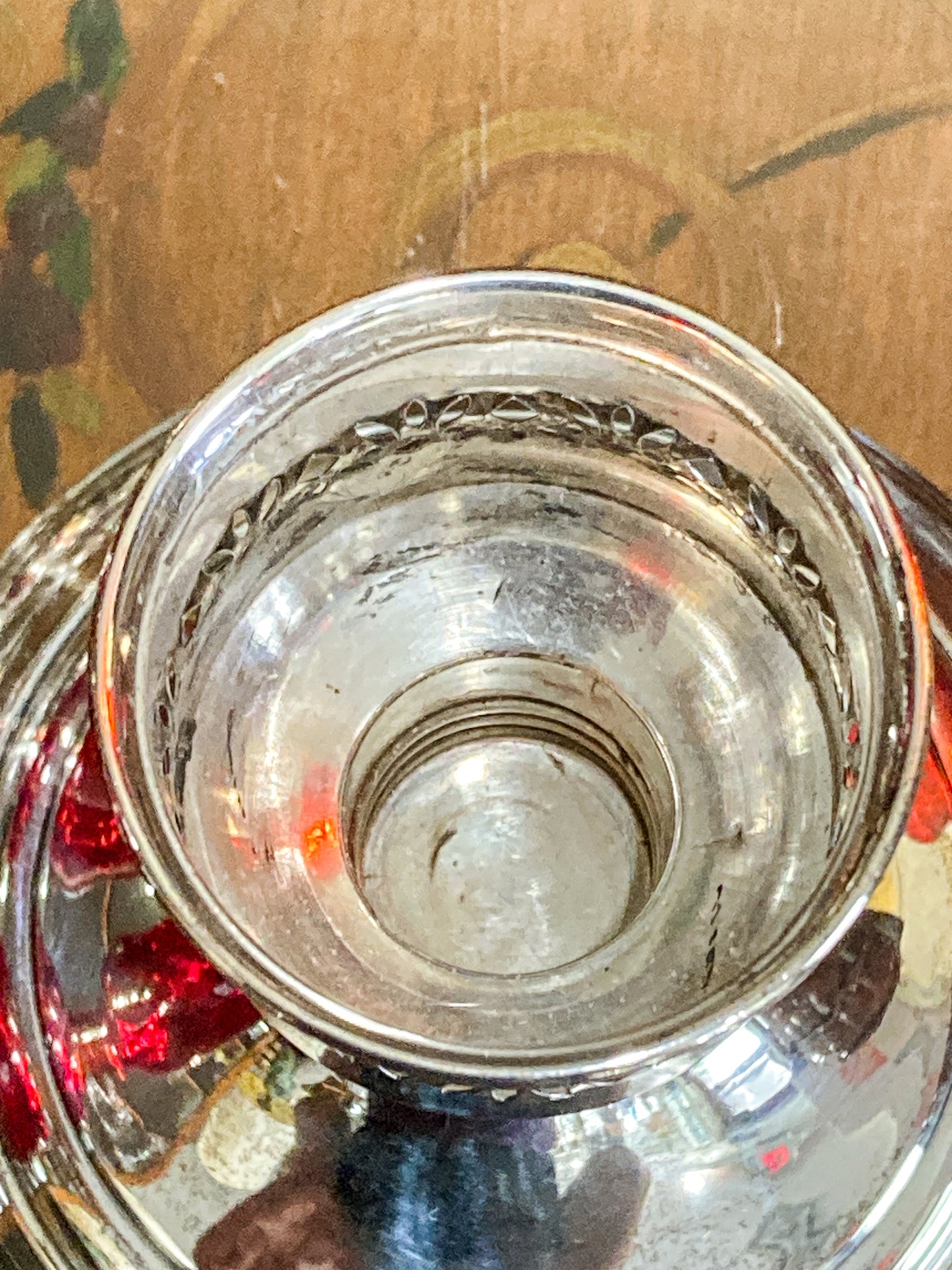 Pair Vintage Gorham Sterling Silver Red Swirl Glass Hurricane Shade Candlesticks
