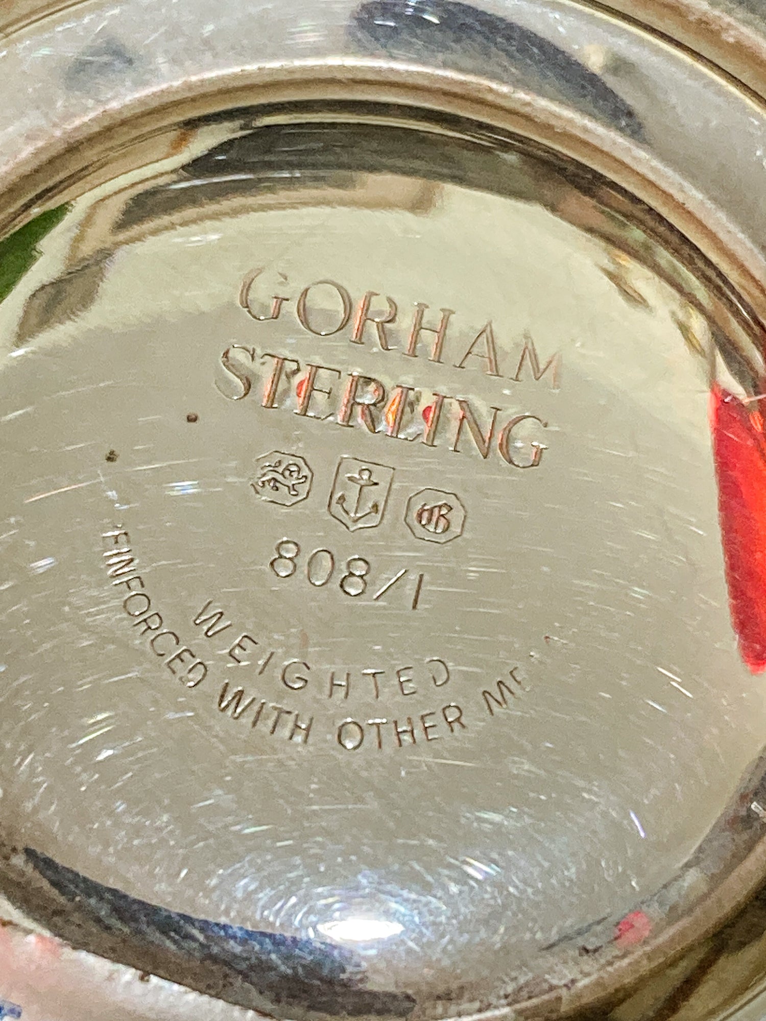Pair Vintage Gorham Sterling Silver Red Swirl Glass Hurricane Shade Candlesticks