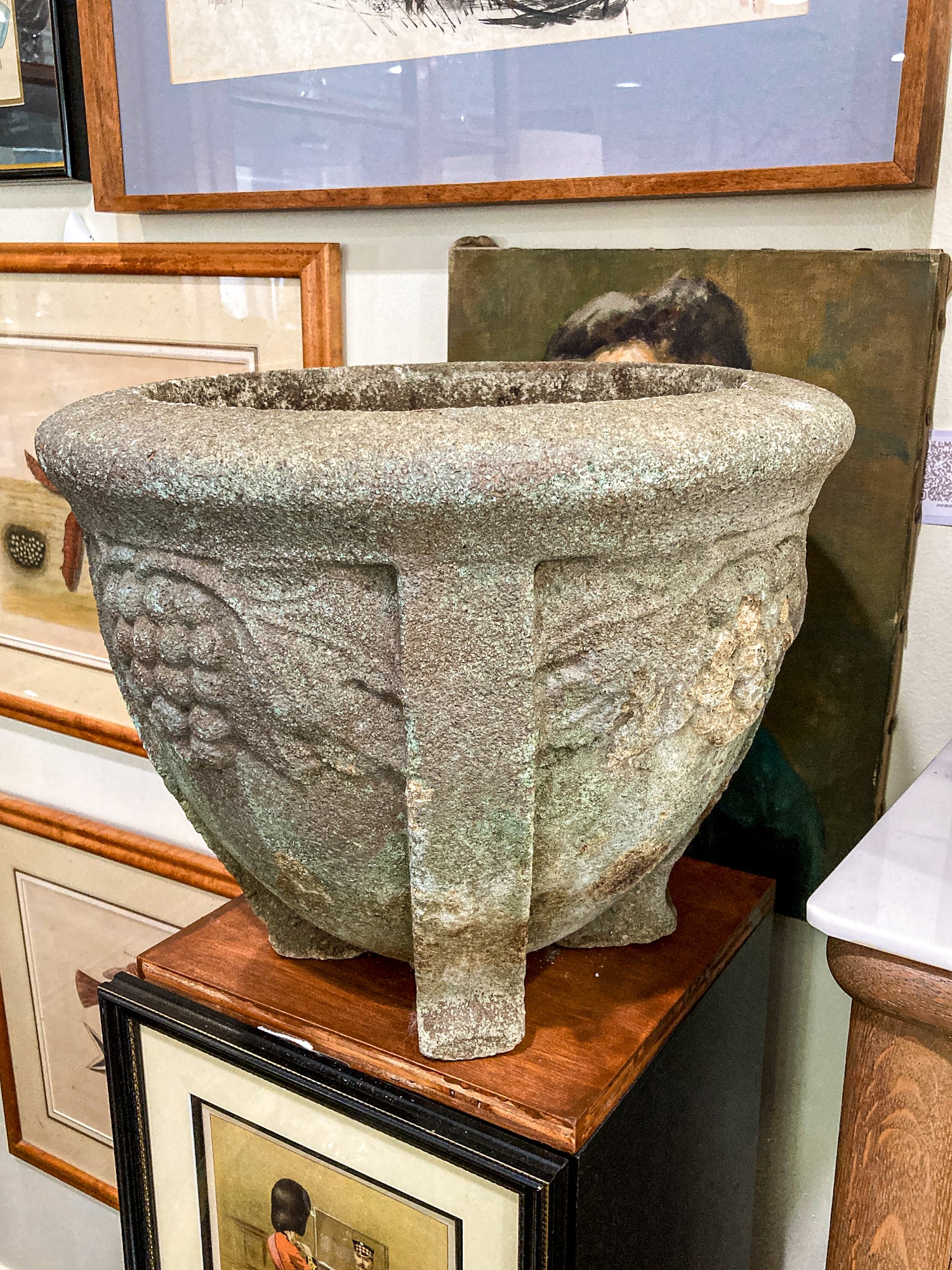 Vintage Grape Motif Weathered Concrete Outdoor Planter Pot