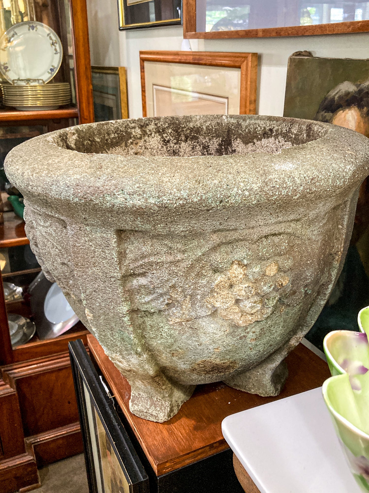 Vintage Grape Motif Weathered Concrete Outdoor Planter Pot