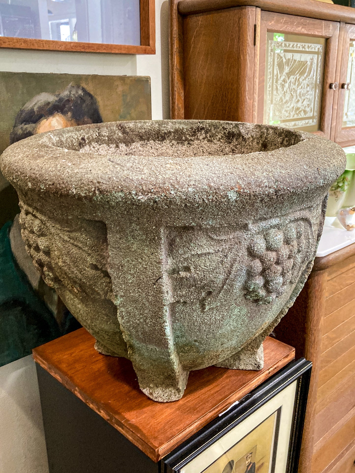 Vintage Grape Motif Weathered Concrete Outdoor Planter Pot