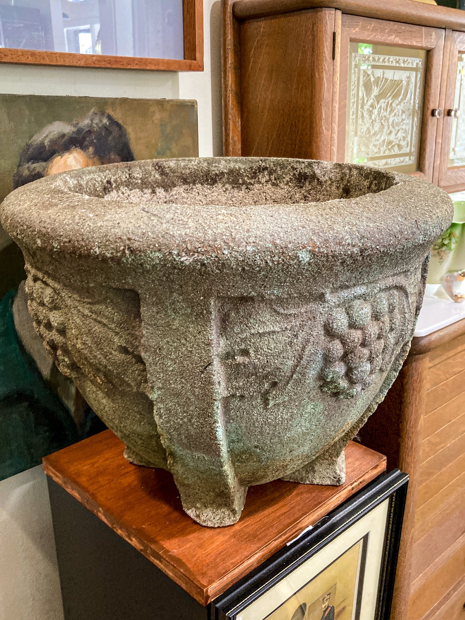 Vintage Grape Motif Weathered Concrete Outdoor Planter Pot