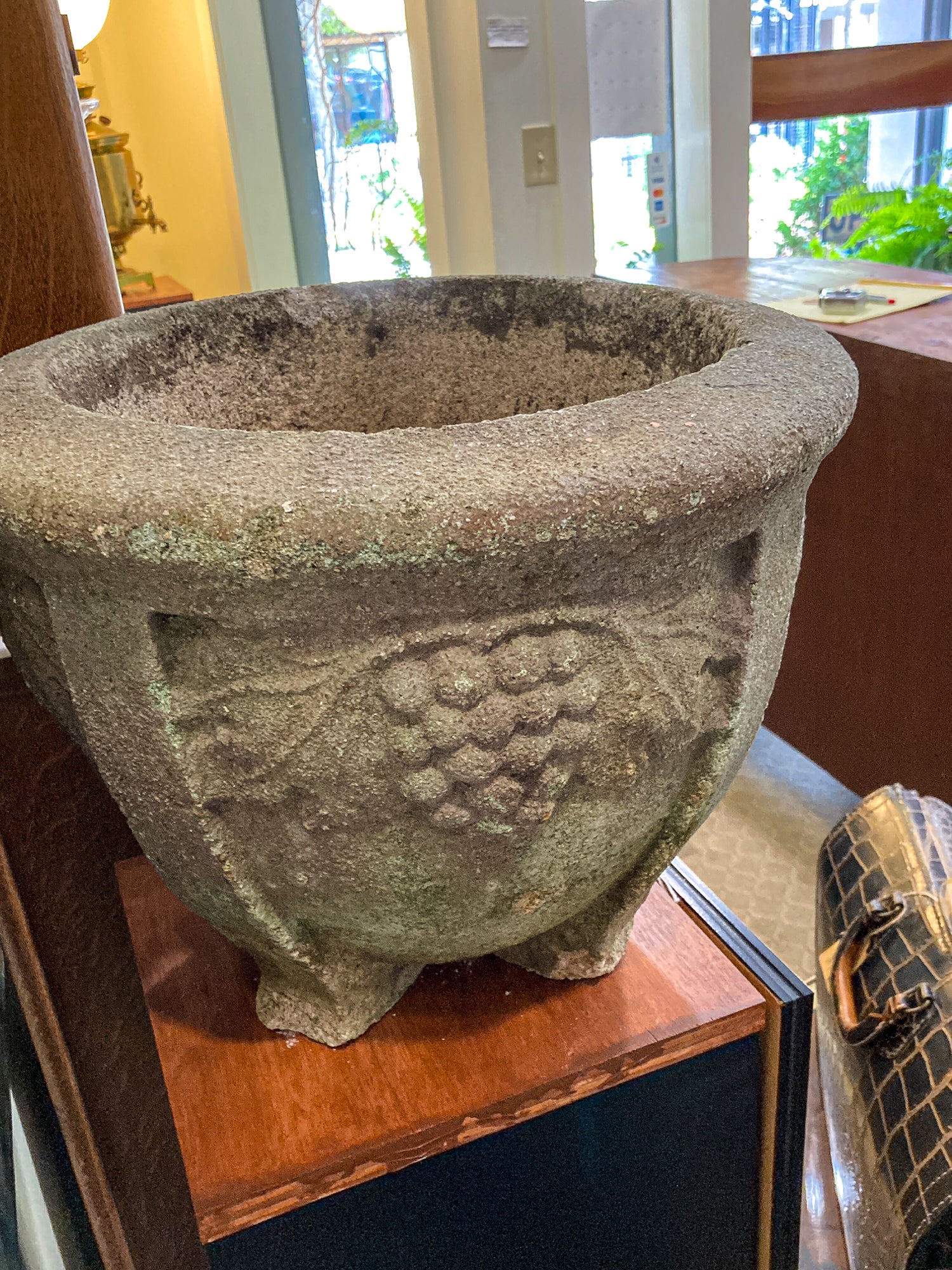 Vintage Grape Motif Weathered Concrete Outdoor Planter Pot