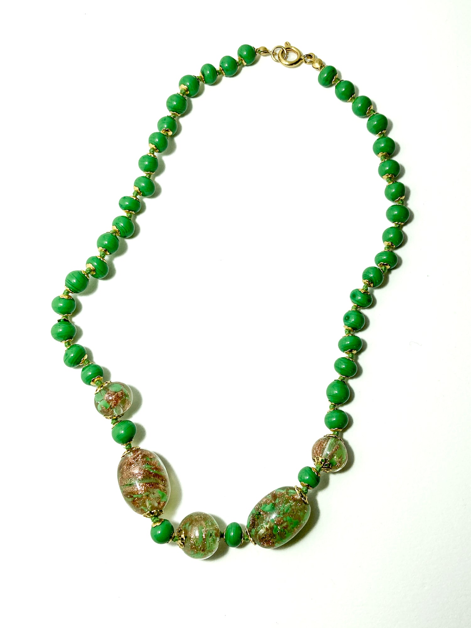 Vintage Green Metallic Gold Venetian Murano Glass Bead Italian Choker Necklace