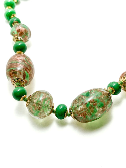 Vintage Green Metallic Gold Venetian Murano Glass Bead Italian Choker Necklace