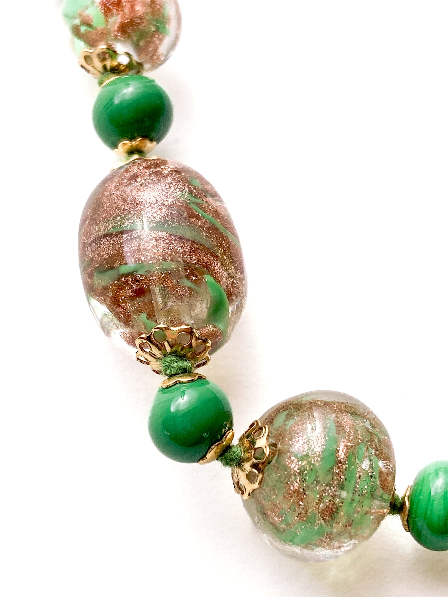 Vintage Green Metallic Gold Venetian Murano Glass Bead Italian Choker Necklace