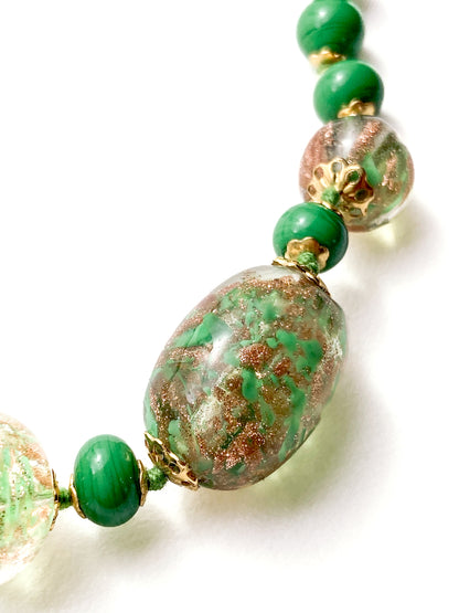 Vintage Green Metallic Gold Venetian Murano Glass Bead Italian Choker Necklace