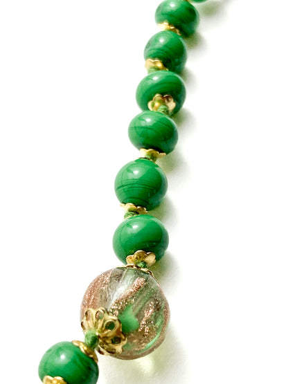 Vintage Green Metallic Gold Venetian Murano Glass Bead Italian Choker Necklace