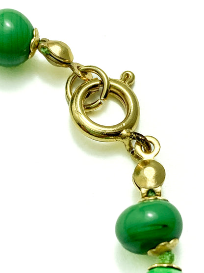 Vintage Green Metallic Gold Venetian Murano Glass Bead Italian Choker Necklace