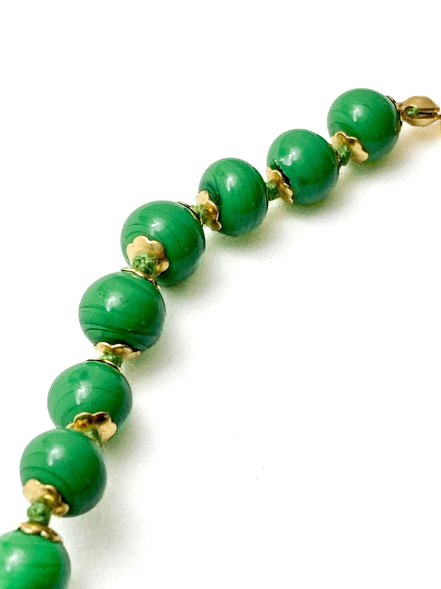 Vintage Green Metallic Gold Venetian Murano Glass Bead Italian Choker Necklace