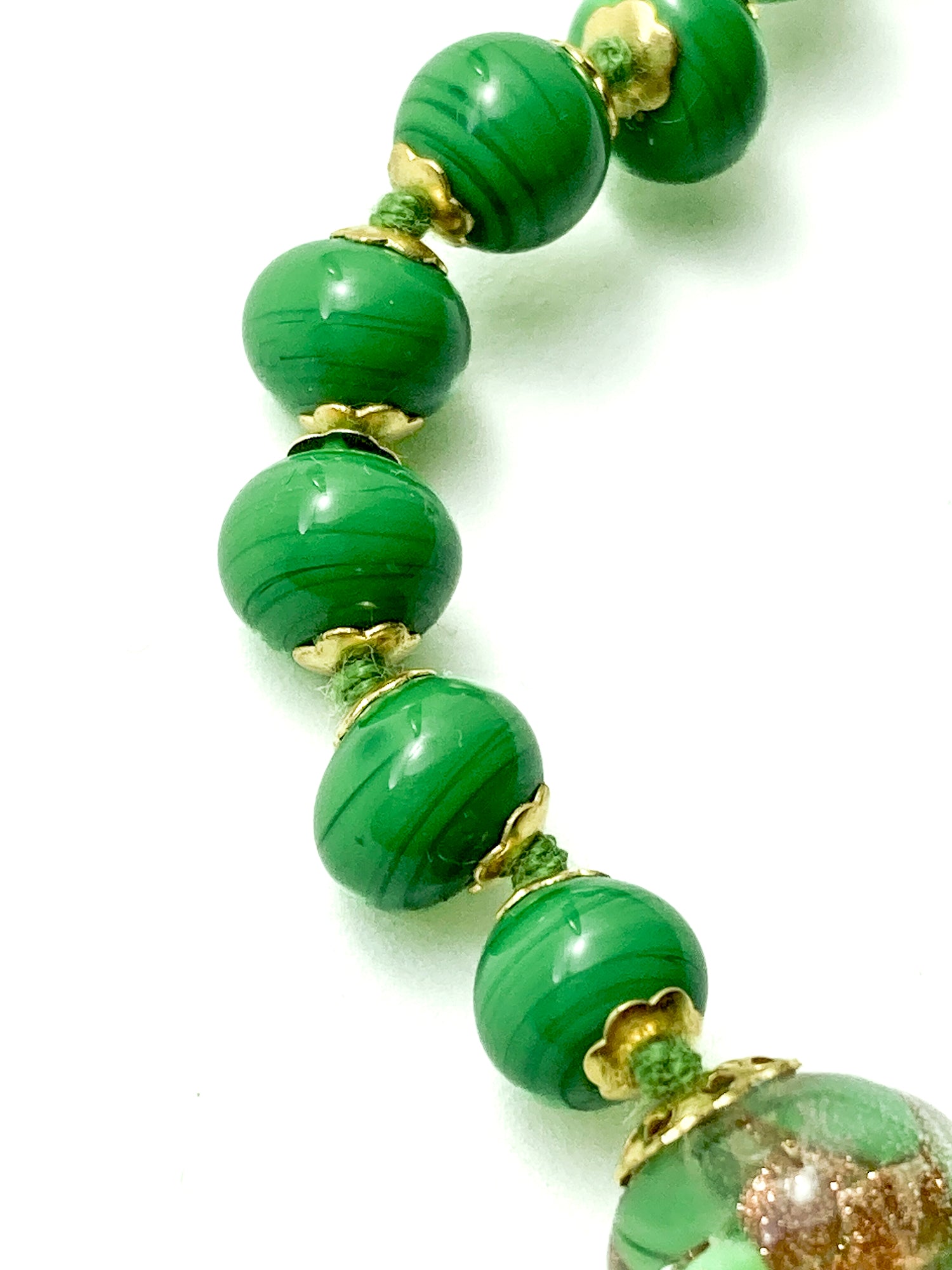 Vintage Green Metallic Gold Venetian Murano Glass Bead Italian Choker Necklace