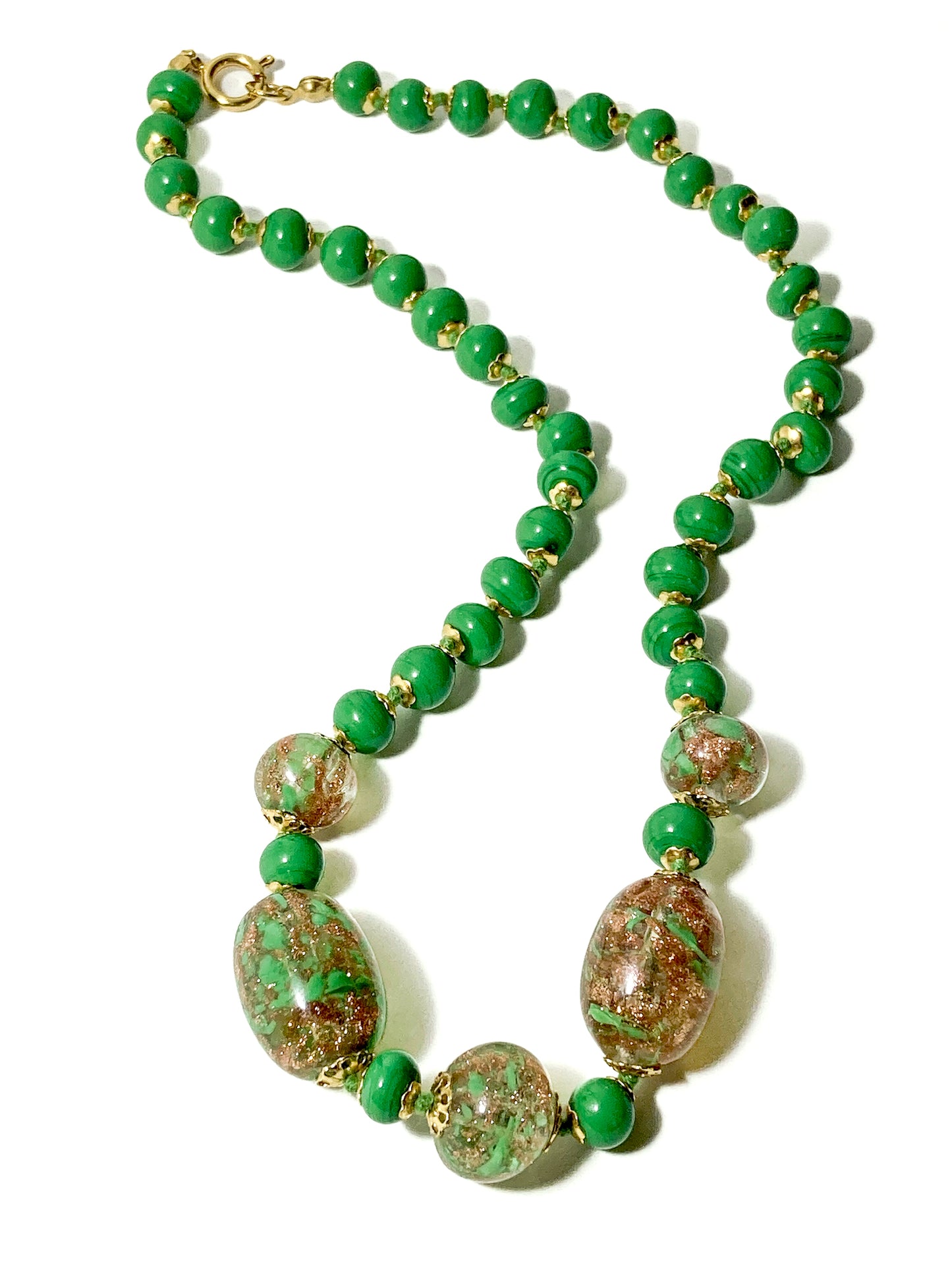 Vintage Green Metallic Gold Venetian Murano Glass Bead Italian Choker Necklace