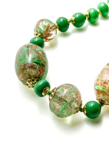 Vintage Green Metallic Gold Venetian Murano Glass Bead Italian Choker Necklace