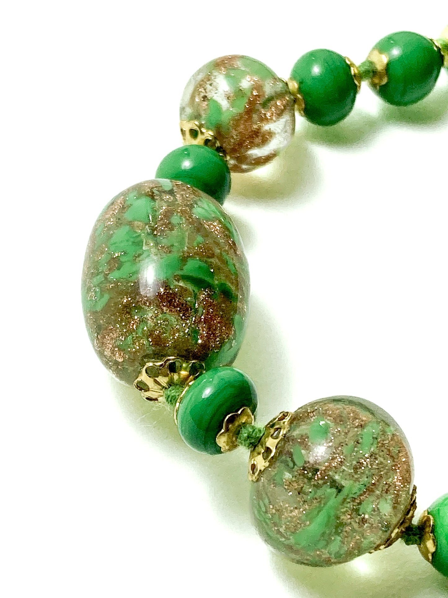 Vintage Green Metallic Gold Venetian Murano Glass Bead Italian Choker Necklace