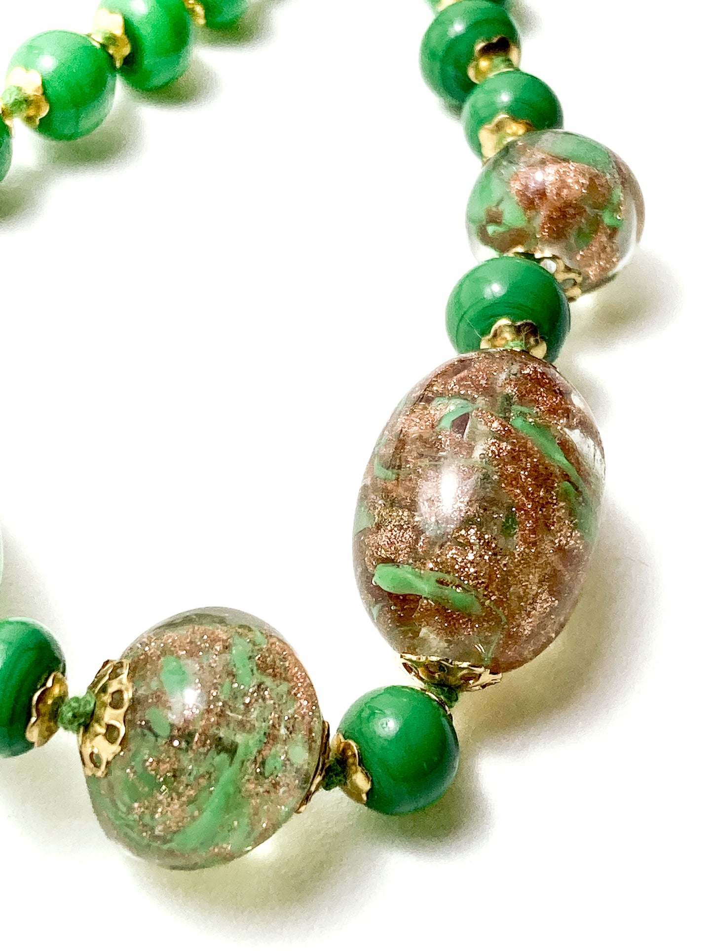 Vintage Green Metallic Gold Venetian Murano Glass Bead Italian Choker Necklace