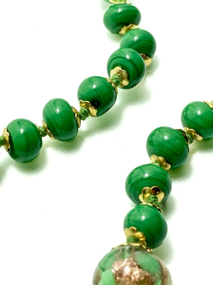 Vintage Green Metallic Gold Venetian Murano Glass Bead Italian Choker Necklace