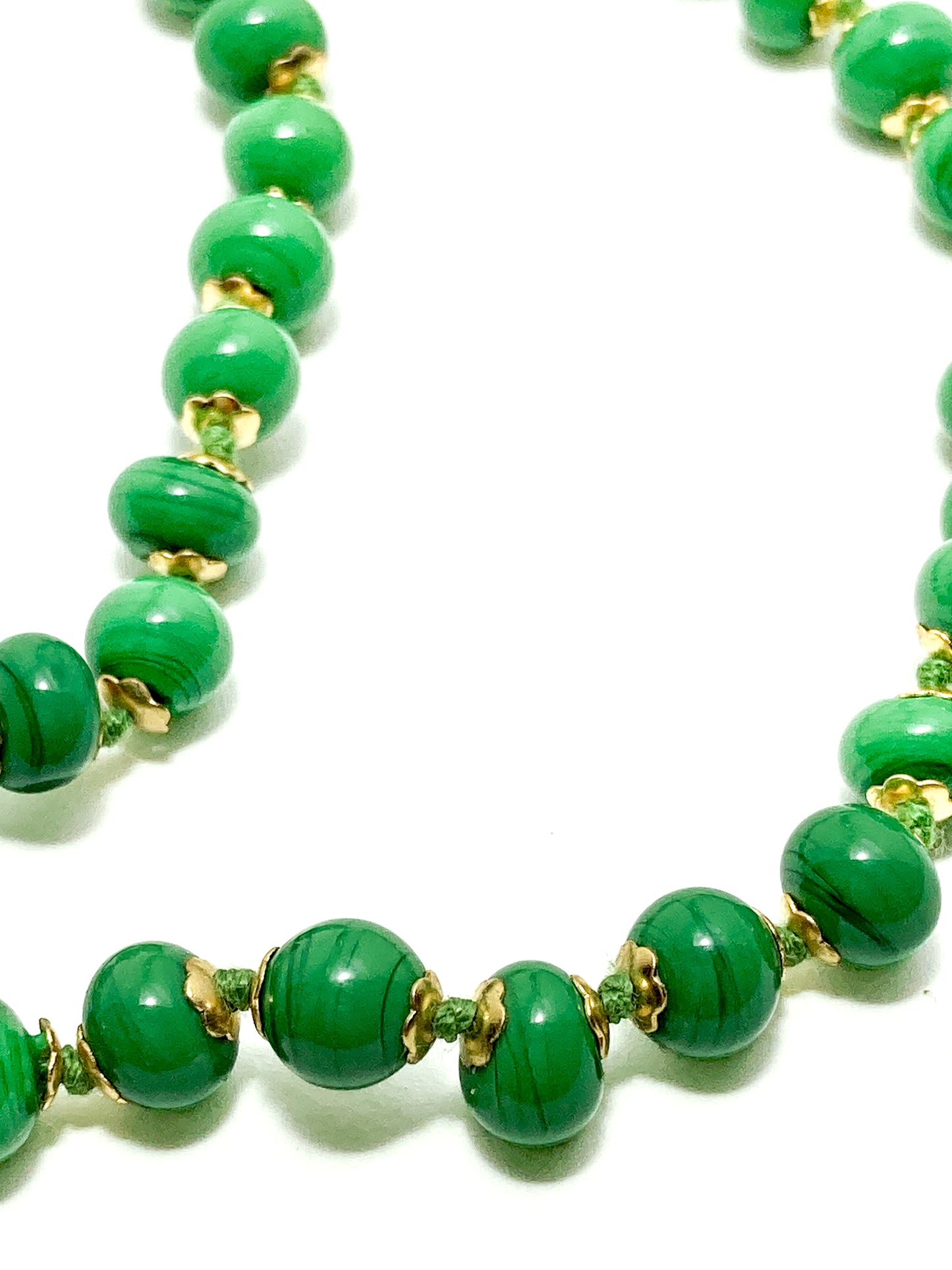 Vintage Green Metallic Gold Venetian Murano Glass Bead Italian Choker Necklace