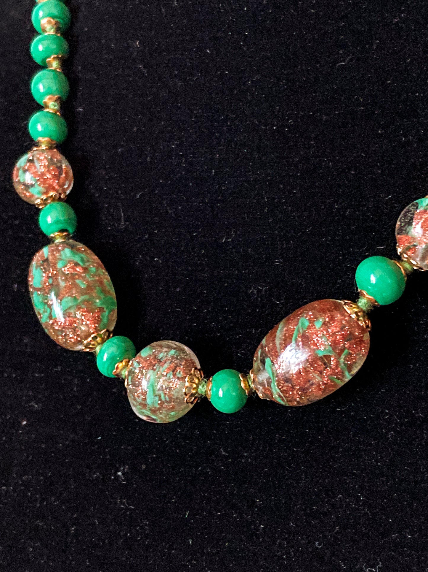 Vintage Green Metallic Gold Venetian Murano Glass Bead Italian Choker Necklace
