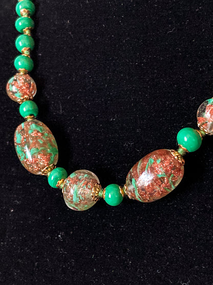 Vintage Green Metallic Gold Venetian Murano Glass Bead Italian Choker Necklace