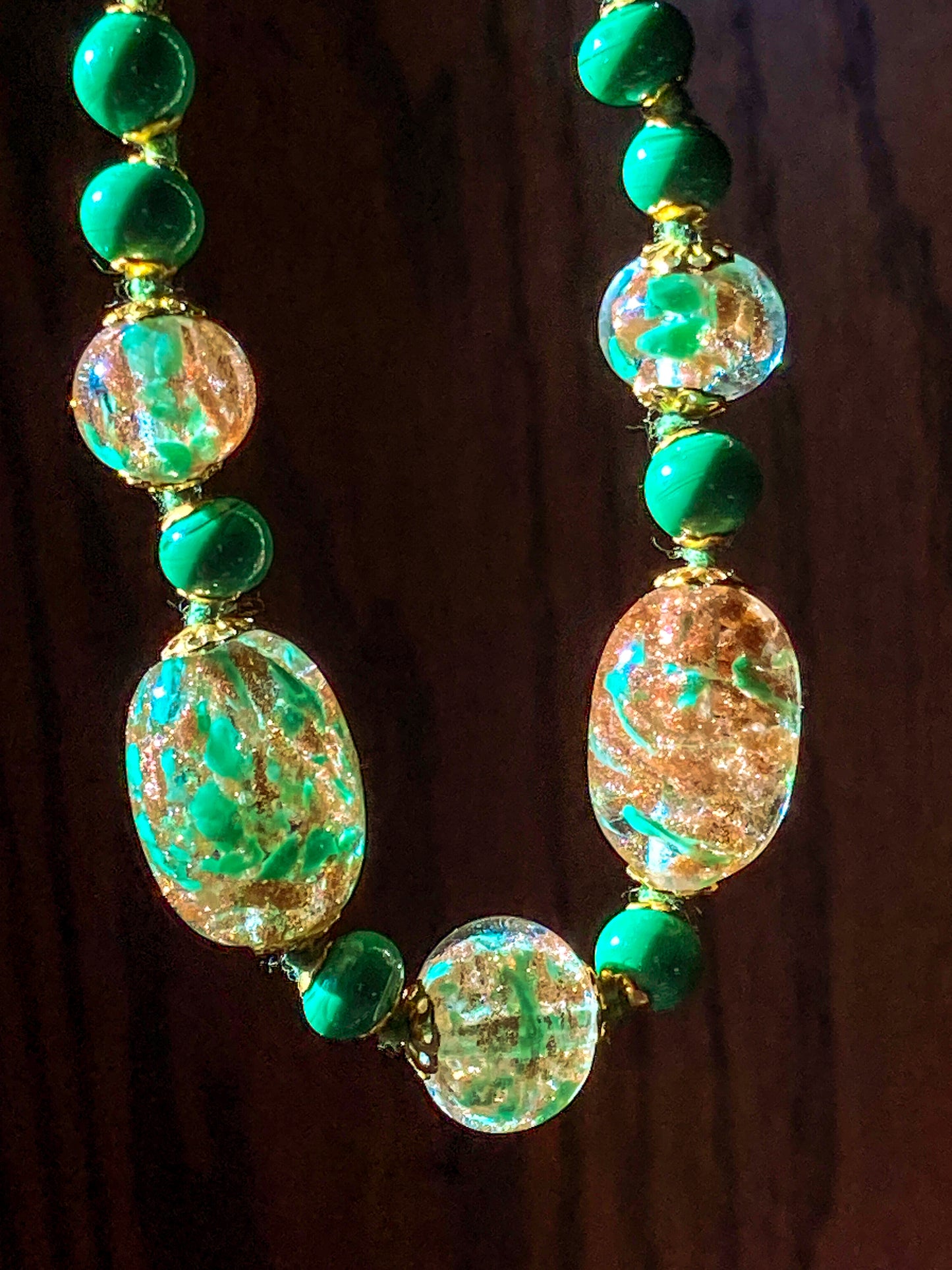 Vintage Green Metallic Gold Venetian Murano Glass Bead Italian Choker Necklace