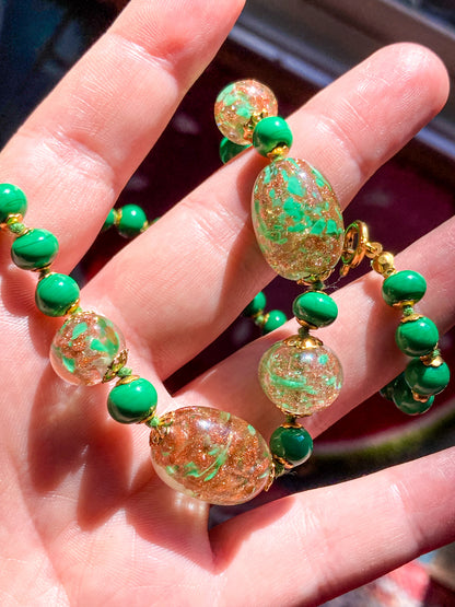 Vintage Green Metallic Gold Venetian Murano Glass Bead Italian Choker Necklace