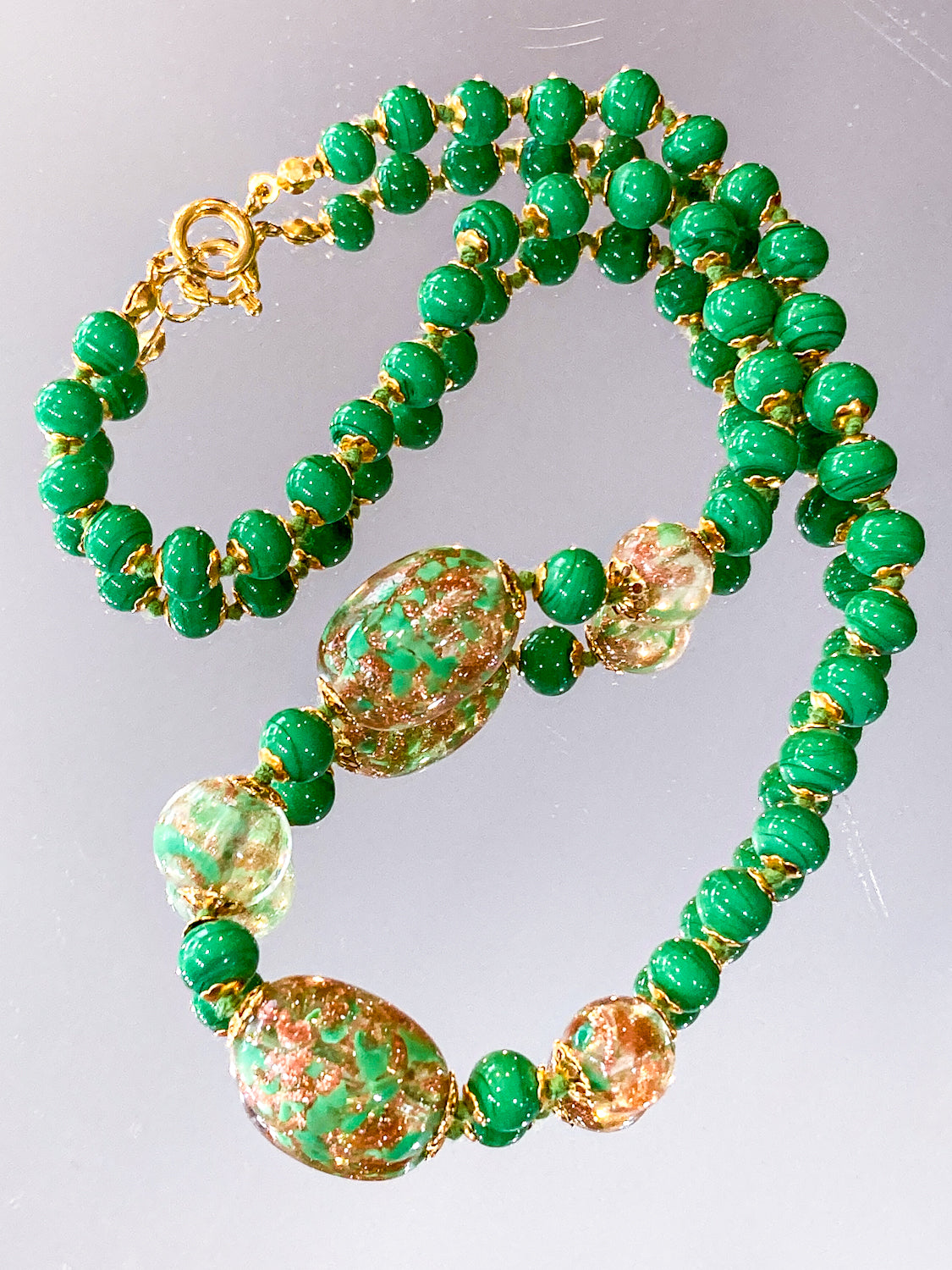 Vintage Green Metallic Gold Venetian Murano Glass Bead Italian Necklace