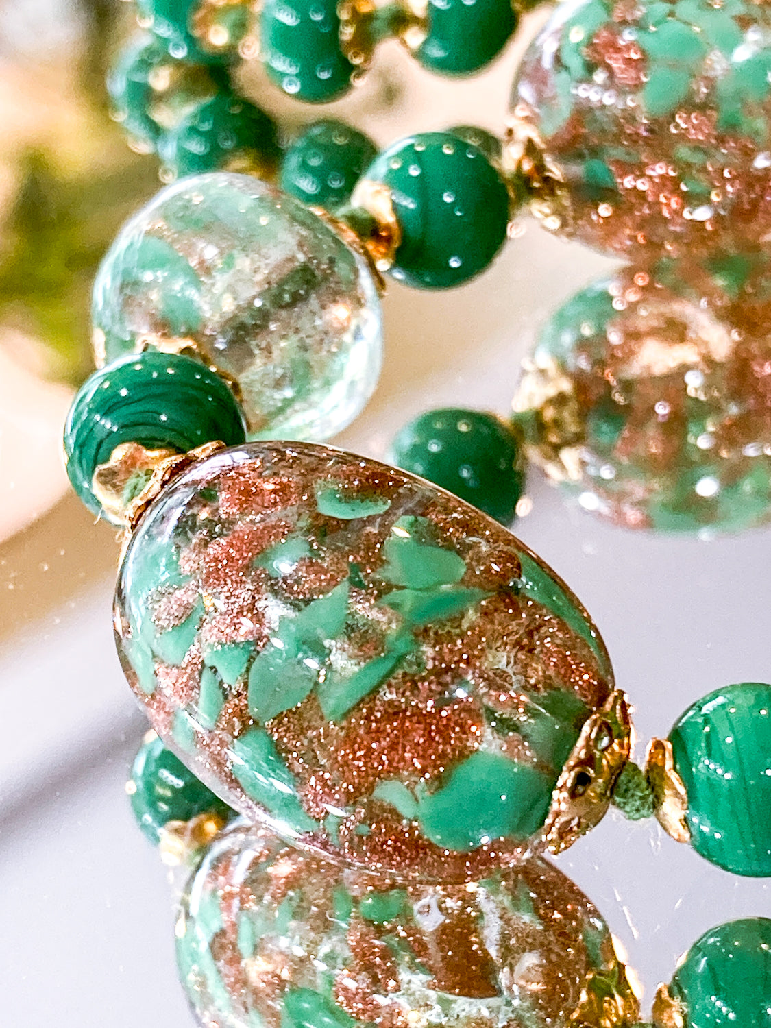 Vintage Green Metallic Gold Venetian Murano Glass Bead Italian Necklace