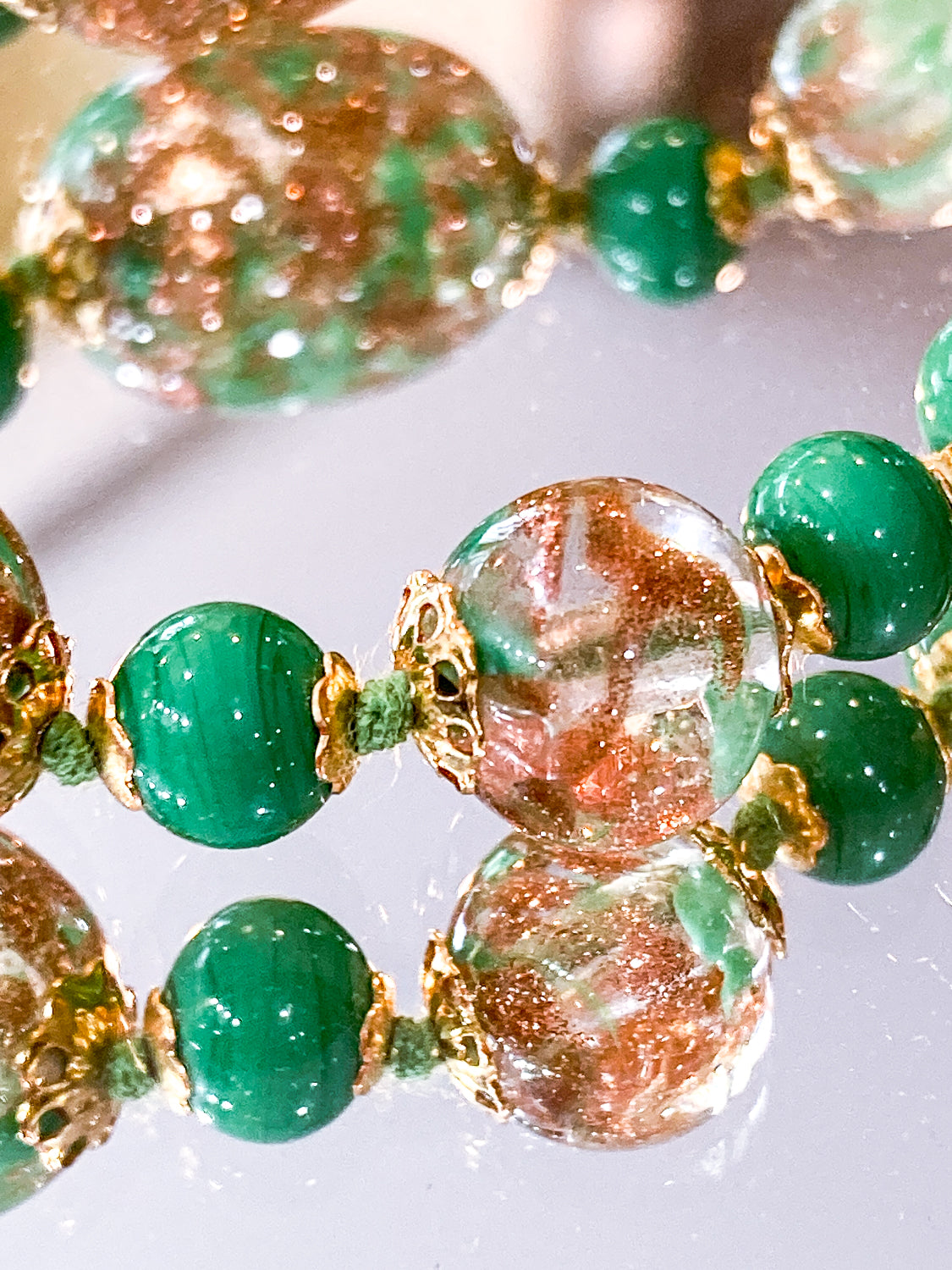 Vintage Green Metallic Gold Venetian Murano Glass Bead Italian Necklace