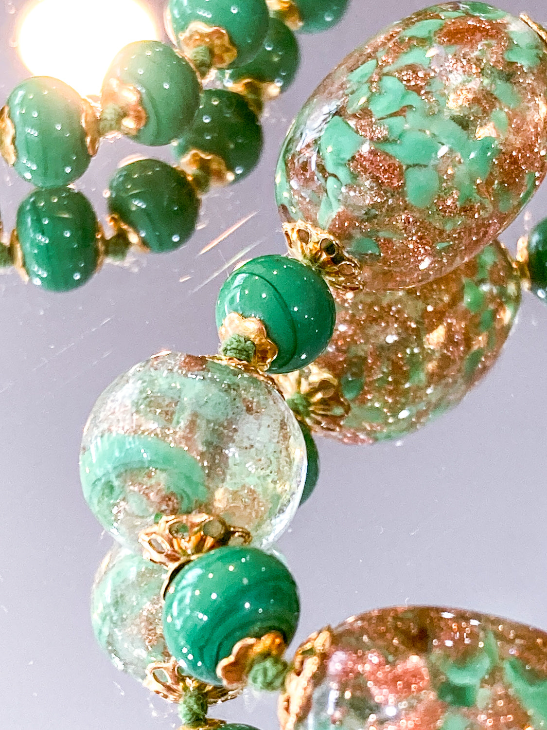Vintage Green Metallic Gold Venetian Murano Glass Bead Italian Necklace