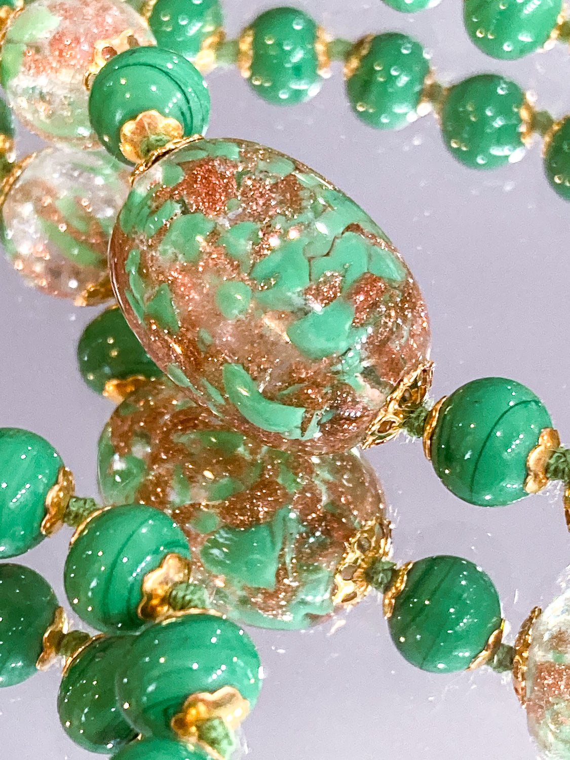 Vintage Green Metallic Gold Venetian Murano Glass Bead Italian Necklace