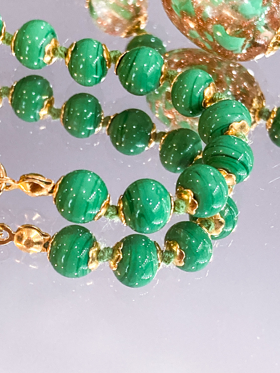 Vintage Green Metallic Gold Venetian Murano Glass Bead Italian Necklace