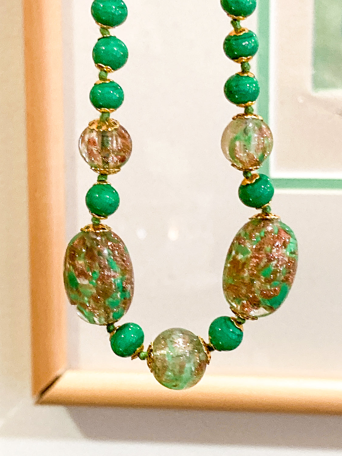 Vintage Green Metallic Gold Venetian Murano Glass Bead Italian Necklace