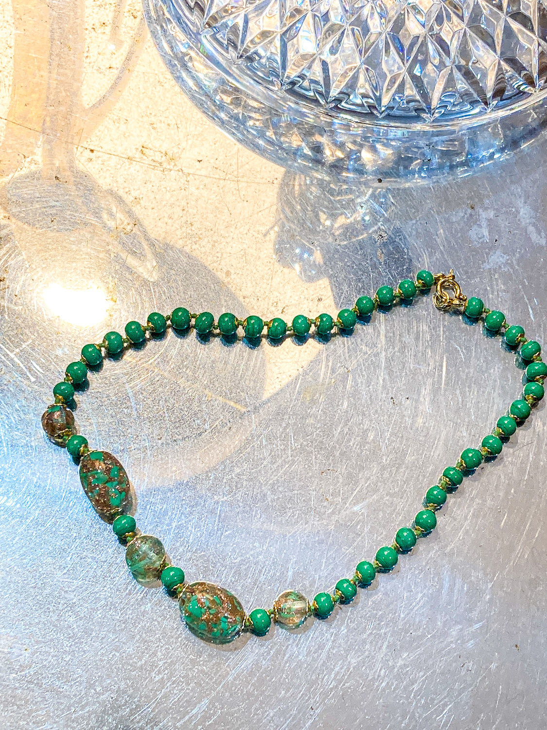 Vintage Green Metallic Gold Venetian Murano Glass Bead Italian Necklace
