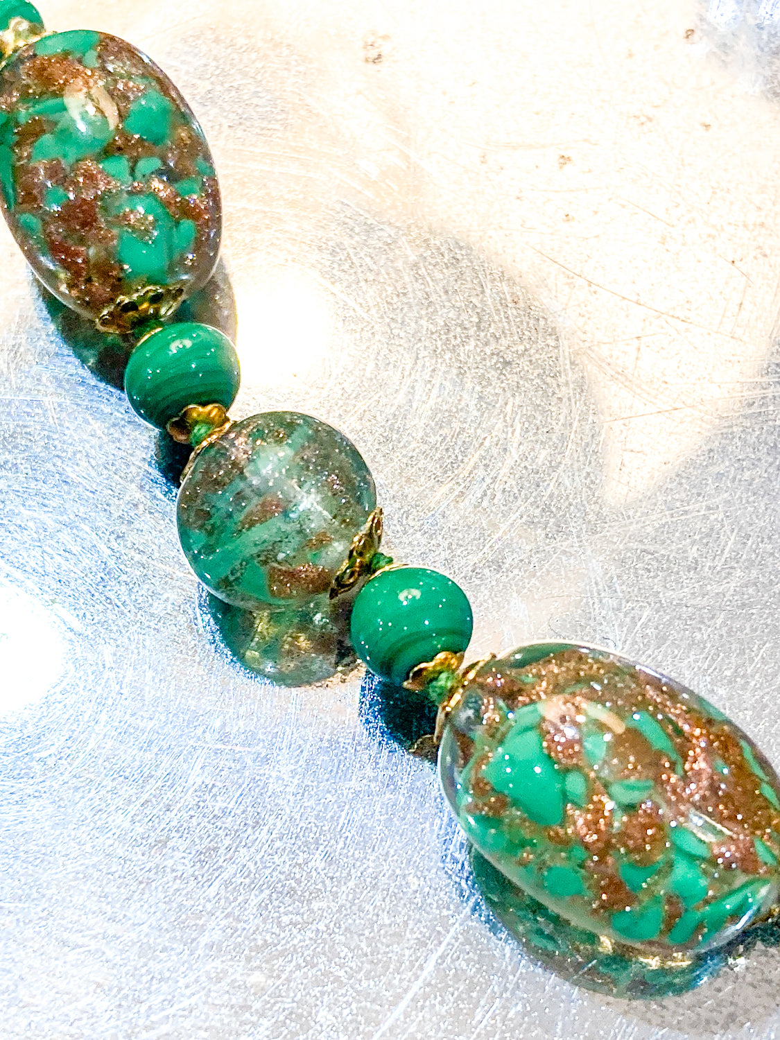 Vintage Green Metallic Gold Venetian Murano Glass Bead Italian Necklace