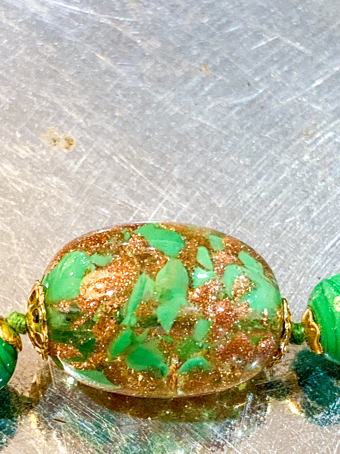 Vintage Green Metallic Gold Venetian Murano Glass Bead Italian Necklace