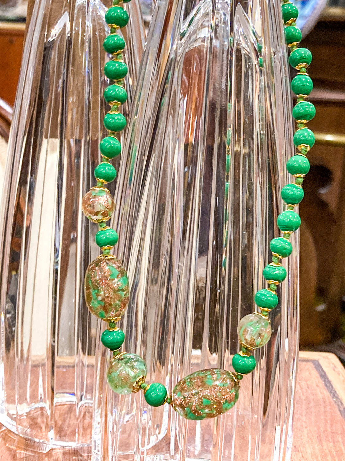 Vintage Green Metallic Gold Venetian Murano Glass Bead Italian Necklace