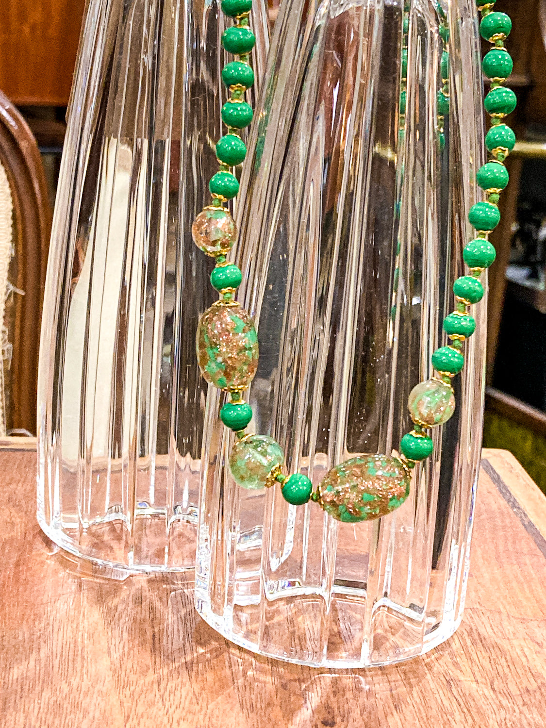 Vintage Green Metallic Gold Venetian Murano Glass Bead Italian Necklace