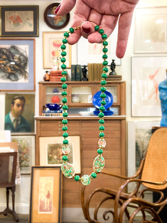 Vintage Green Metallic Gold Venetian Murano Glass Bead Italian Necklace