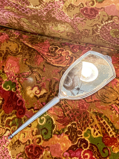 Vintage Engraved Sterling Silver Haddon Hall Elongated Vanity Hand Mirror