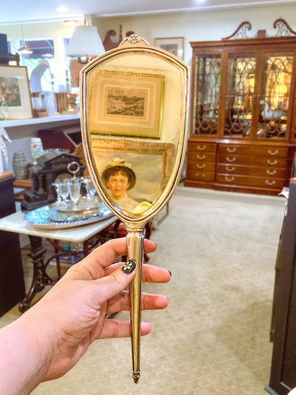 Vintage Engraved Sterling Silver Haddon Hall Elongated Vanity Hand Mirror