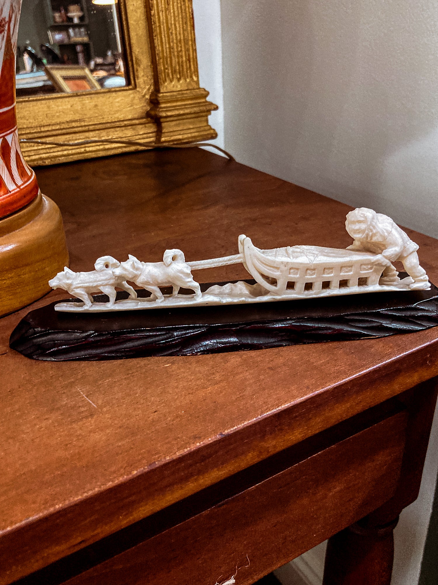 Vintage Hand Carved Bone Inuit Figure Sleigh Dogs Miniature Sculpture on Base